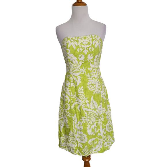 Suzette Linen Strapless Dress Green Floral Tie Back Pineapple Preppy Women 4 - Picture 1 of 12